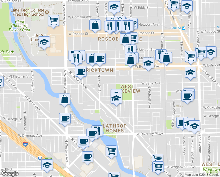 map of restaurants, bars, coffee shops, grocery stores, and more near 3018 North Hoyne Avenue in Chicago