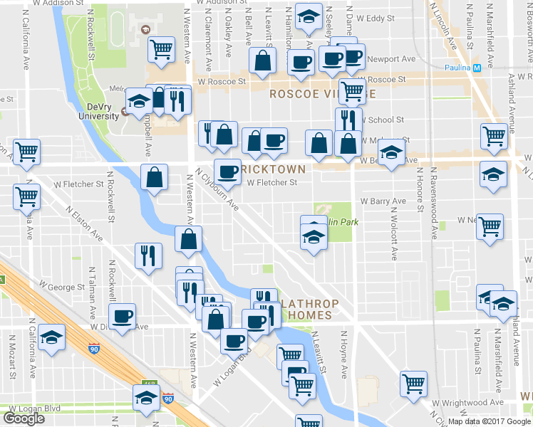 map of restaurants, bars, coffee shops, grocery stores, and more near 3037 North Clybourn Avenue in Chicago