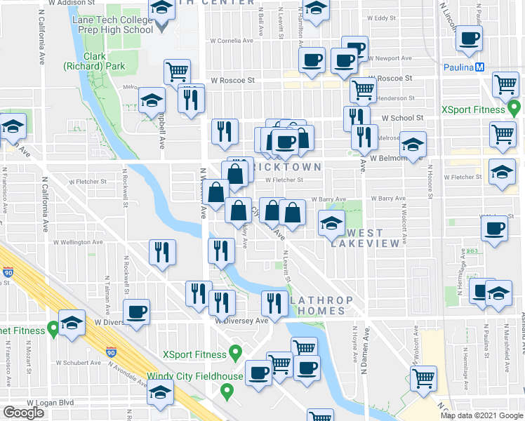 map of restaurants, bars, coffee shops, grocery stores, and more near 3037 North Clybourn Avenue in Chicago