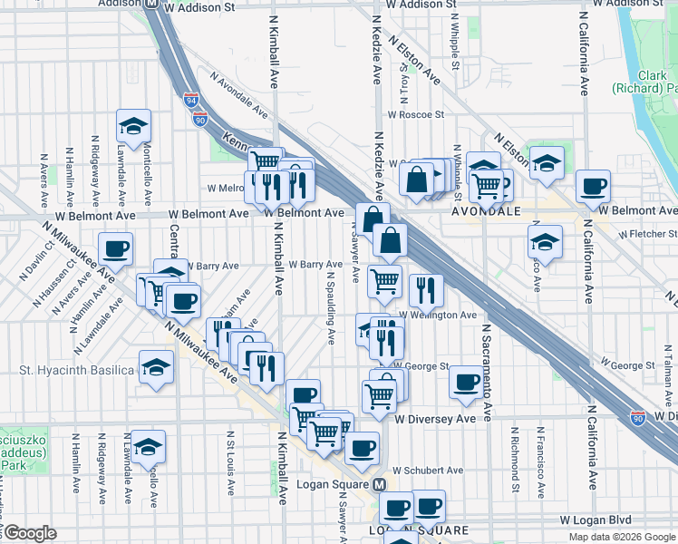 map of restaurants, bars, coffee shops, grocery stores, and more near 3049 North Spaulding Avenue in Chicago