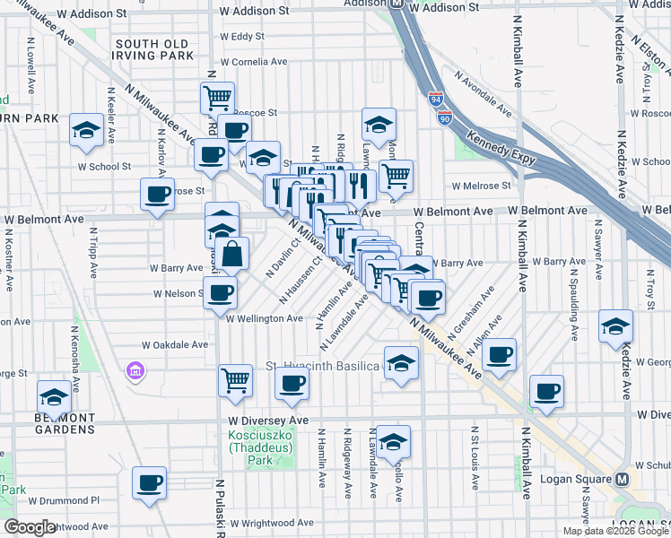 map of restaurants, bars, coffee shops, grocery stores, and more near 3073 North Avers Avenue in Chicago