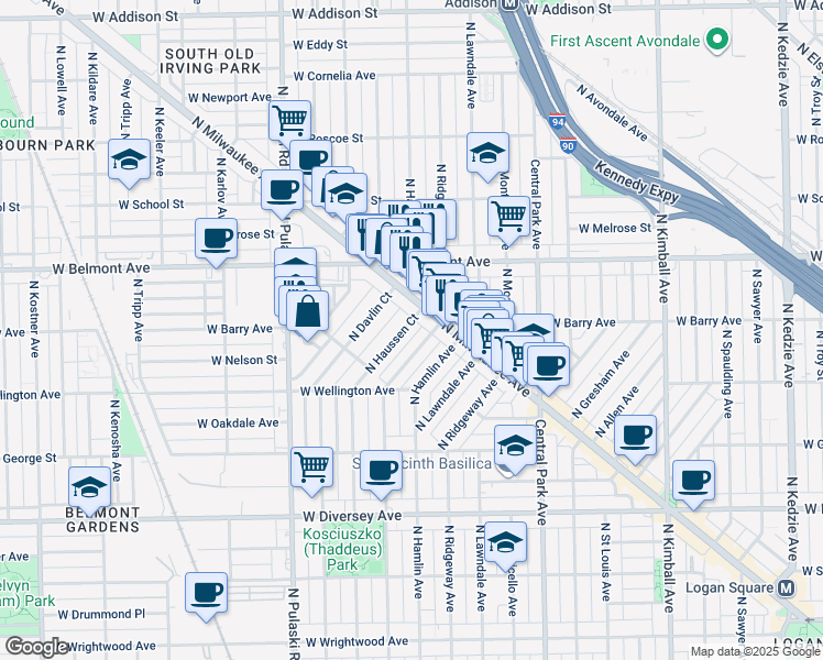 map of restaurants, bars, coffee shops, grocery stores, and more near 3076 North Haussen Court in Chicago