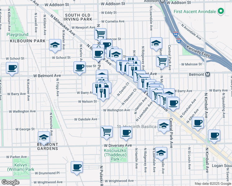 map of restaurants, bars, coffee shops, grocery stores, and more near 3075 North Davlin Court in Chicago