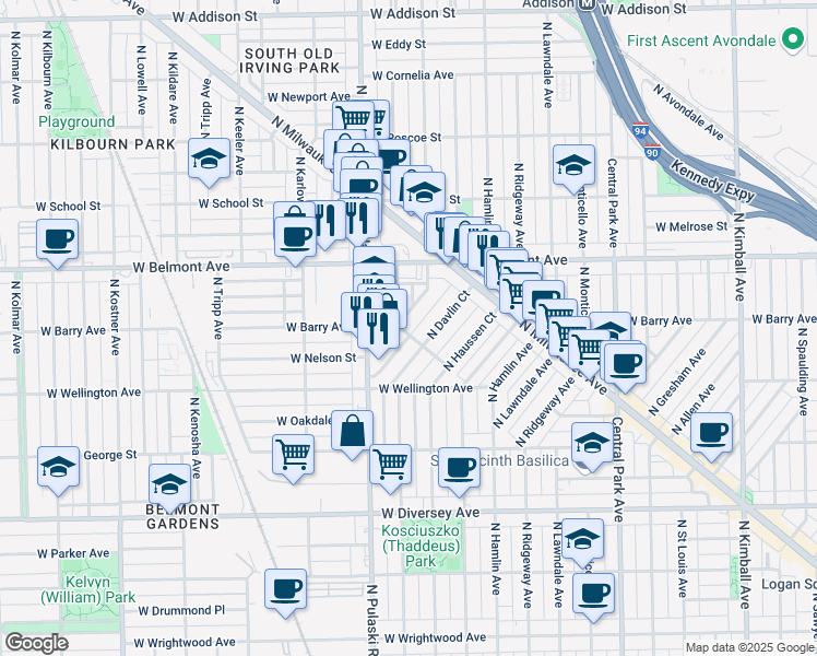 map of restaurants, bars, coffee shops, grocery stores, and more near 3961 West Barry Avenue in Chicago
