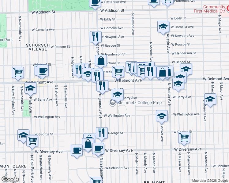 map of restaurants, bars, coffee shops, grocery stores, and more near 6321 West Fletcher Street in Chicago