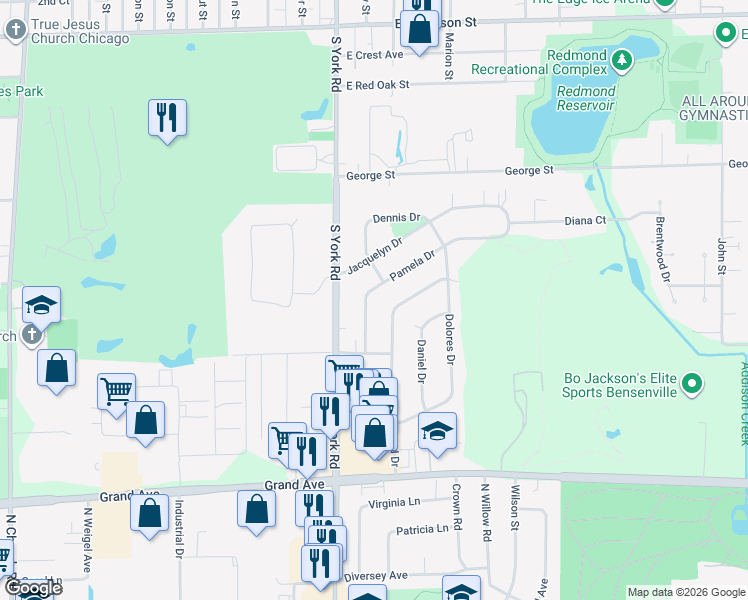 map of restaurants, bars, coffee shops, grocery stores, and more near 912 David Drive in Bensenville