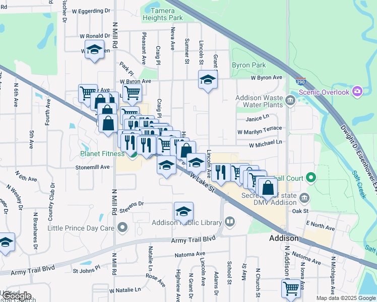 map of restaurants, bars, coffee shops, grocery stores, and more near 515 Highview Avenue in Addison