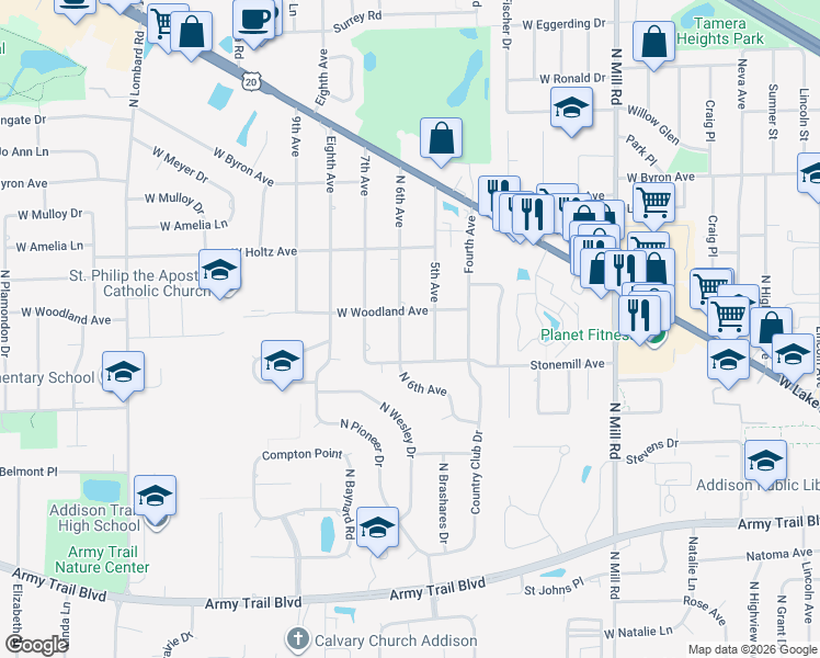 map of restaurants, bars, coffee shops, grocery stores, and more near 4N150 5th Avenue in Addison