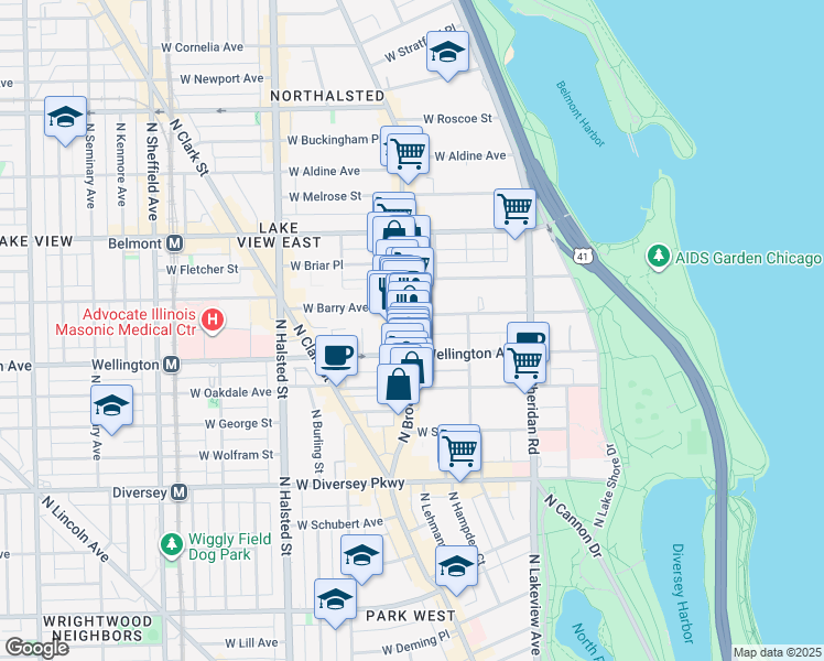 map of restaurants, bars, coffee shops, grocery stores, and more near 3021 North Broadway in Chicago