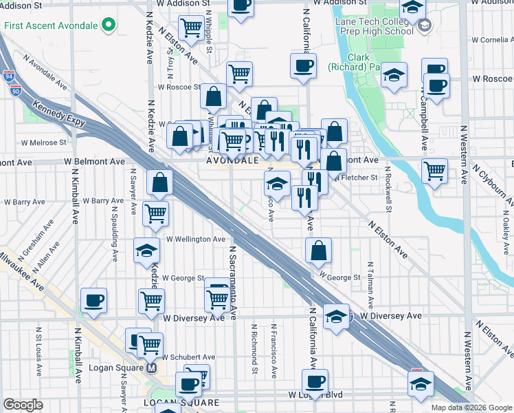 map of restaurants, bars, coffee shops, grocery stores, and more near 3046 North Francisco Avenue in Chicago