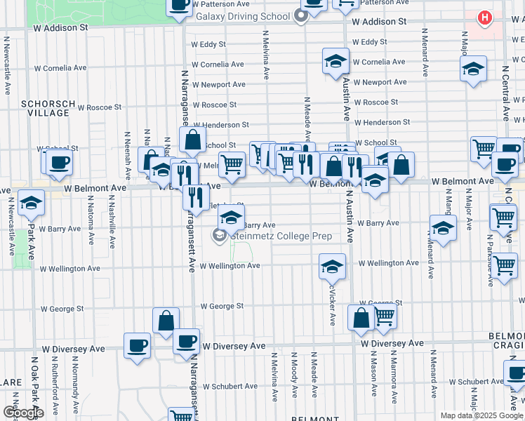 map of restaurants, bars, coffee shops, grocery stores, and more near 6211 West Fletcher Street in Chicago