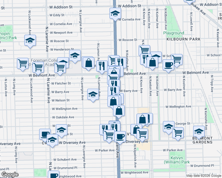 map of restaurants, bars, coffee shops, grocery stores, and more near 3100 Illinois 50 in Chicago