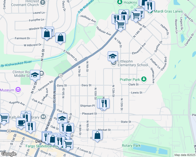 map of restaurants, bars, coffee shops, grocery stores, and more near 828 North 10th Street in DeKalb