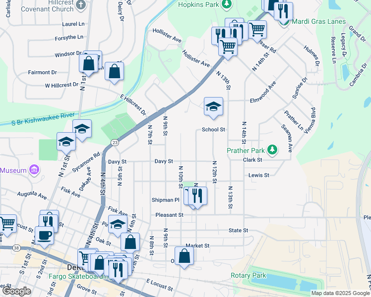 map of restaurants, bars, coffee shops, grocery stores, and more near 828 North 10th Street in DeKalb