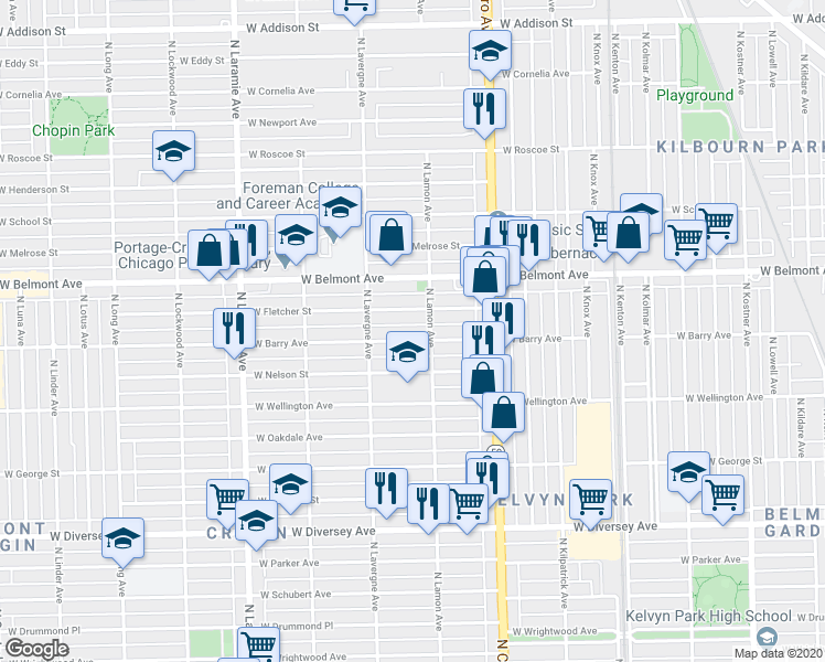 map of restaurants, bars, coffee shops, grocery stores, and more near 4914 West Barry Avenue in Chicago