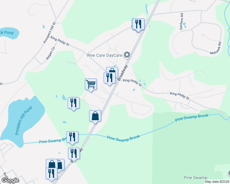 map of restaurants, bars, coffee shops, grocery stores, and more near 267 Broadway in Raynham