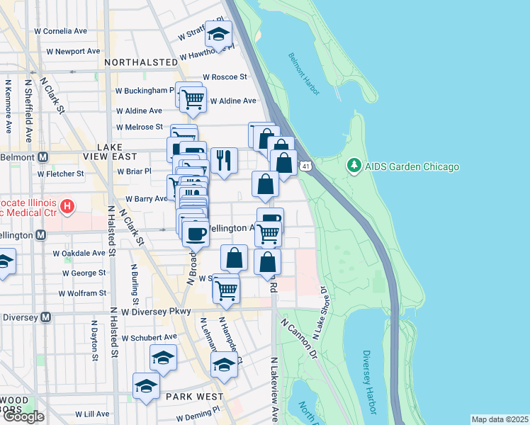 map of restaurants, bars, coffee shops, grocery stores, and more near 3020 North Sheridan Road in Chicago
