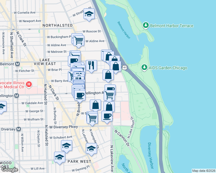 map of restaurants, bars, coffee shops, grocery stores, and more near 428 West Wellington Avenue in Chicago