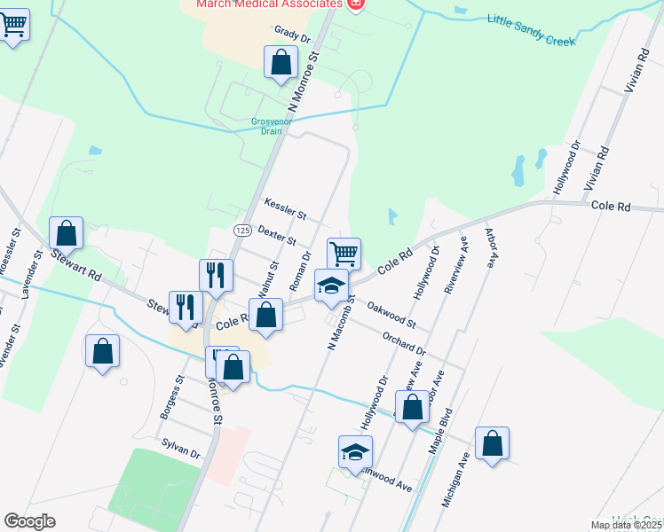 map of restaurants, bars, coffee shops, grocery stores, and more near 1525 Beechwood Street in Monroe
