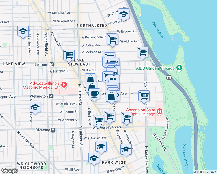 map of restaurants, bars, coffee shops, grocery stores, and more near 3030 North Broadway Street in Chicago