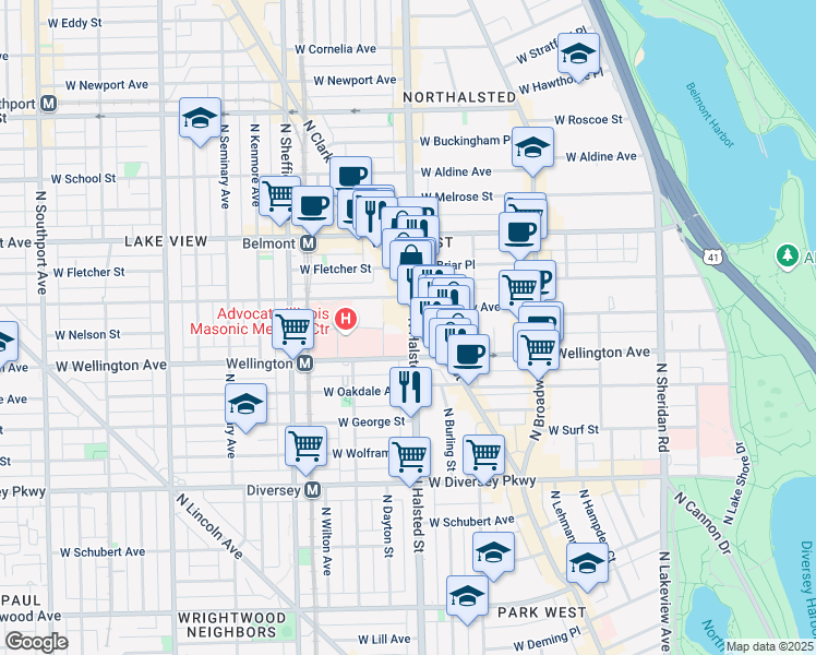 map of restaurants, bars, coffee shops, grocery stores, and more near 3034 North Halsted Street in Chicago