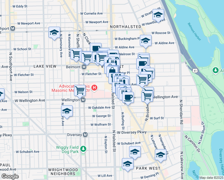 map of restaurants, bars, coffee shops, grocery stores, and more near 3032 North Halsted Street in Chicago