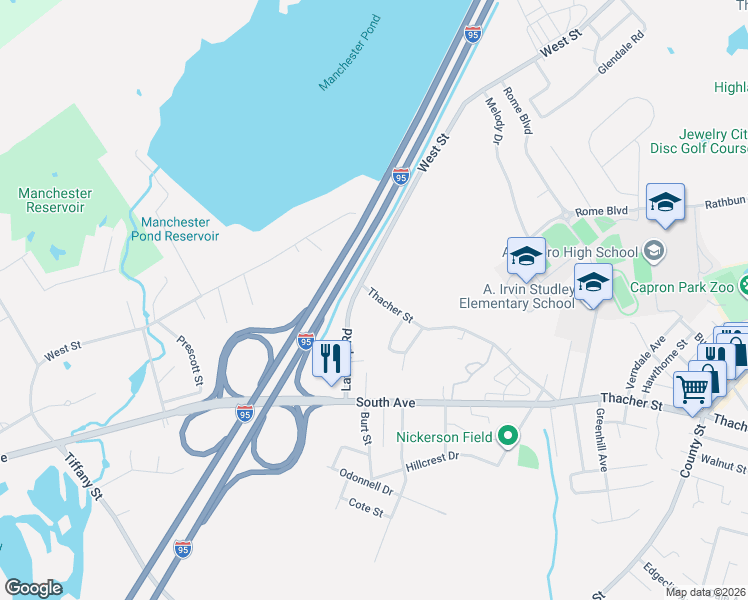 map of restaurants, bars, coffee shops, grocery stores, and more near 748 Thacher Street in Attleboro
