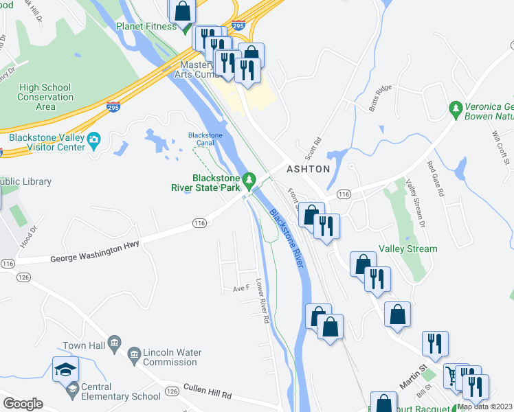 map of restaurants, bars, coffee shops, grocery stores, and more near 1075 Lower River Road in Lincoln