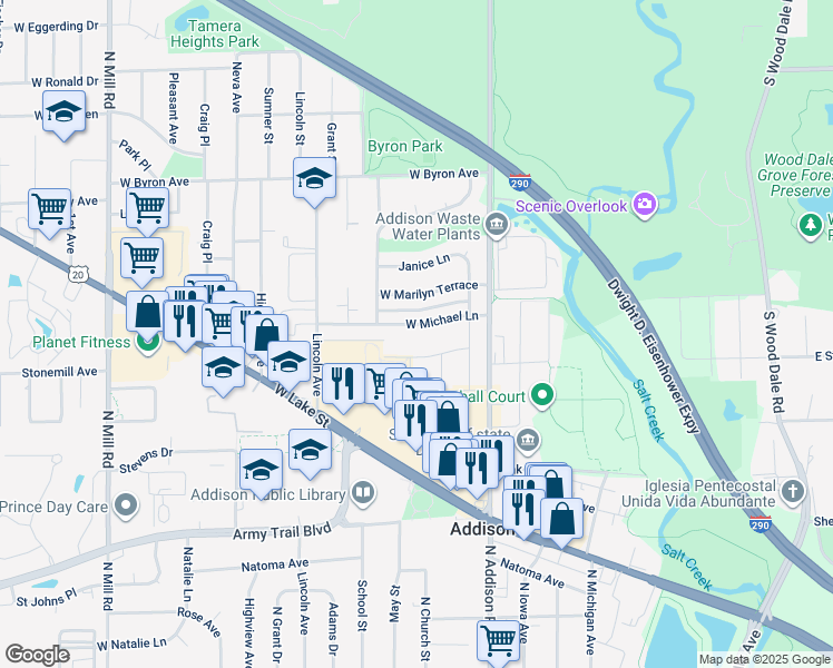 map of restaurants, bars, coffee shops, grocery stores, and more near 119 West Michael Lane in Addison
