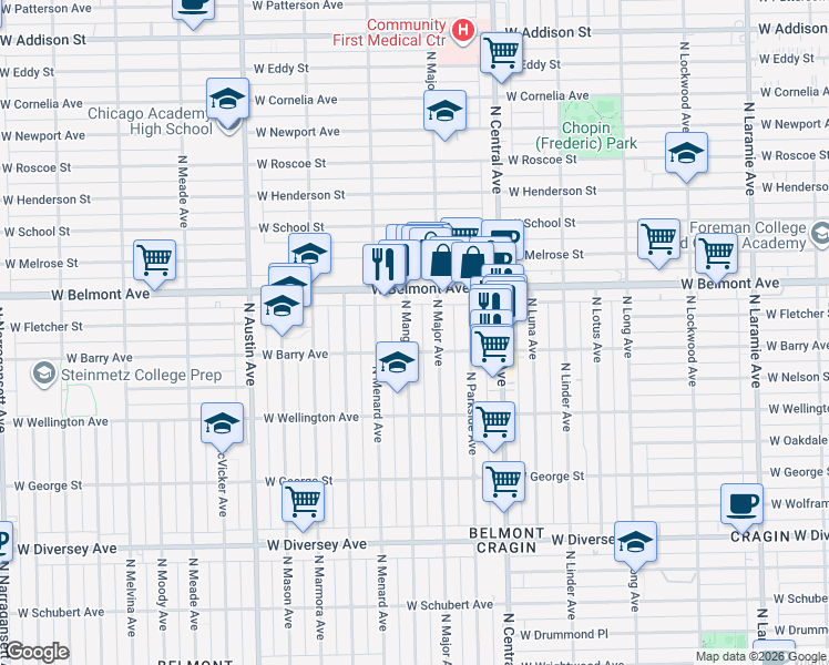 map of restaurants, bars, coffee shops, grocery stores, and more near 3107 North Mango Avenue in Chicago