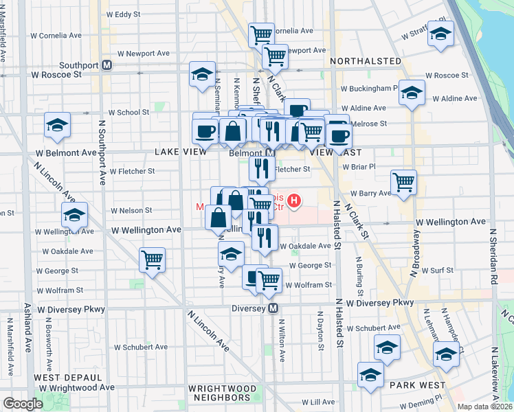 map of restaurants, bars, coffee shops, grocery stores, and more near 3036 North Sheffield Avenue in Chicago