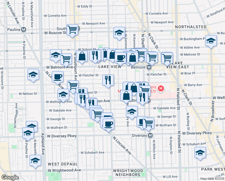 map of restaurants, bars, coffee shops, grocery stores, and more near 3025 North Racine Avenue in Chicago