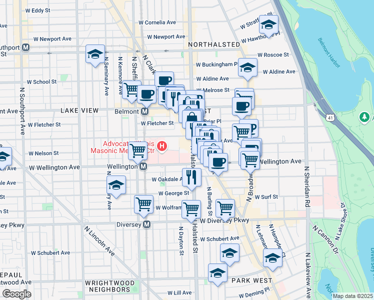map of restaurants, bars, coffee shops, grocery stores, and more near 3030 North Halsted Street in Chicago