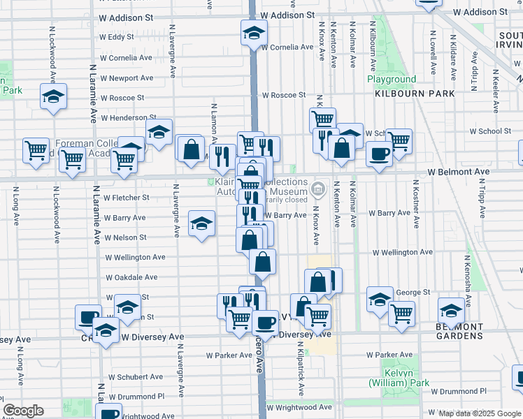 map of restaurants, bars, coffee shops, grocery stores, and more near 3111 North Cicero Avenue in Chicago