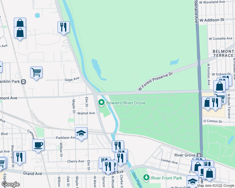 map of restaurants, bars, coffee shops, grocery stores, and more near 8647 West Belmont Avenue in Chicago