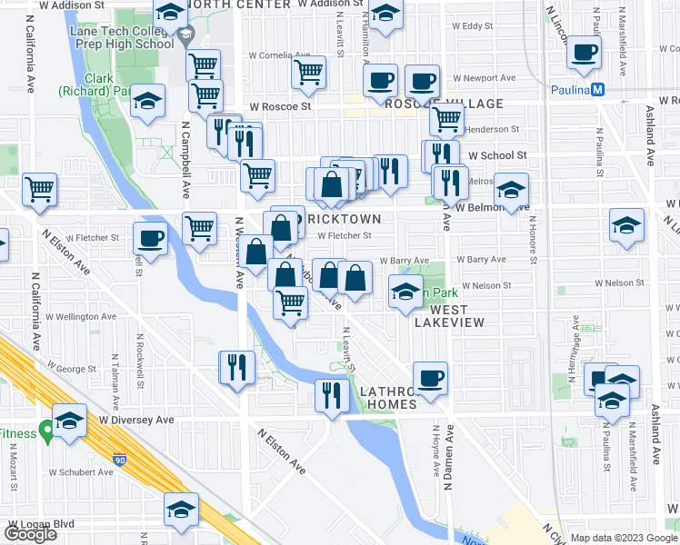 map of restaurants, bars, coffee shops, grocery stores, and more near 3046 North Leavitt Street in Chicago