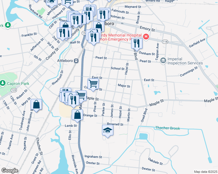 map of restaurants, bars, coffee shops, grocery stores, and more near 50 Carpenter Street in Attleboro