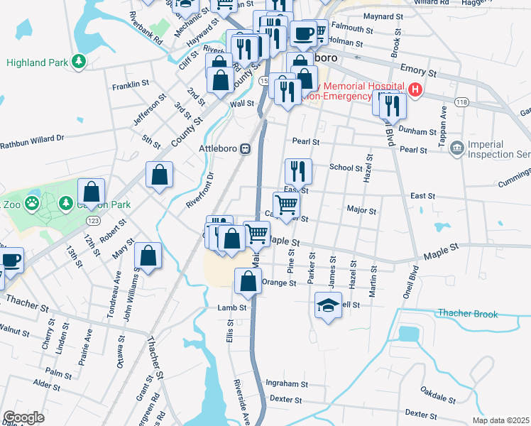 map of restaurants, bars, coffee shops, grocery stores, and more near 194 South Main Street in Attleboro