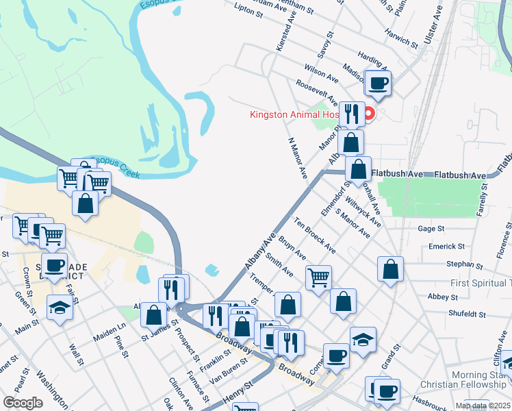 map of restaurants, bars, coffee shops, grocery stores, and more near 259 Albany Avenue in Kingston