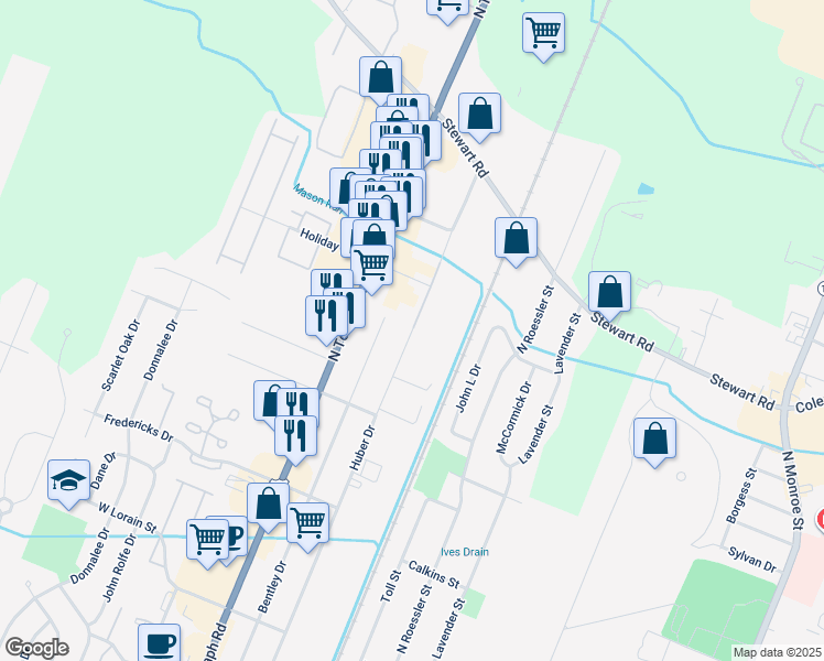 map of restaurants, bars, coffee shops, grocery stores, and more near 1237 Huber Drive in Monroe