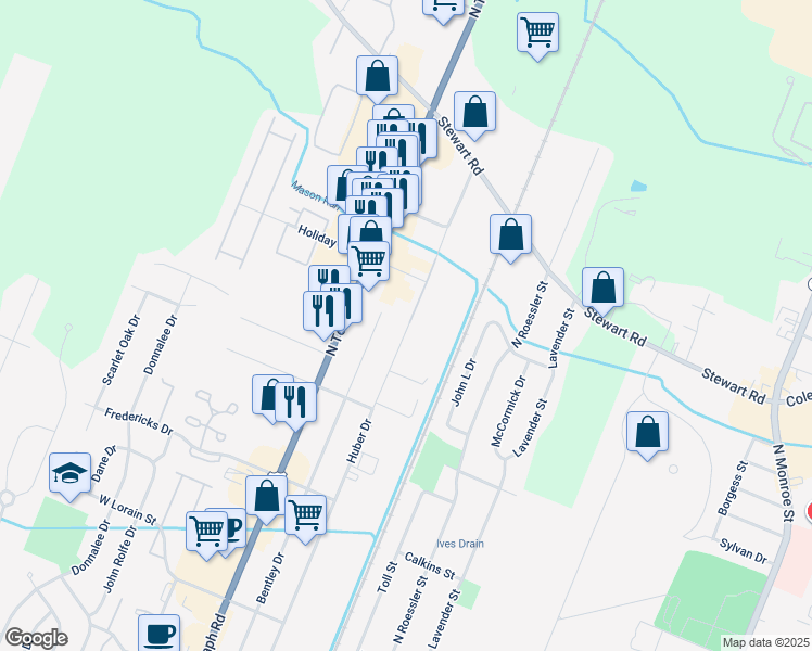 map of restaurants, bars, coffee shops, grocery stores, and more near 1237 Huber Drive in Monroe