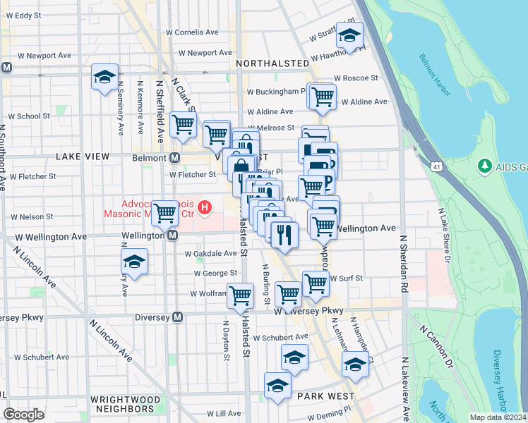 map of restaurants, bars, coffee shops, grocery stores, and more near 3021 North Clark Street in Chicago