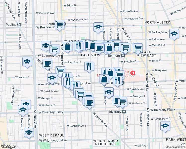 map of restaurants, bars, coffee shops, grocery stores, and more near 3025 North Racine Avenue in Chicago