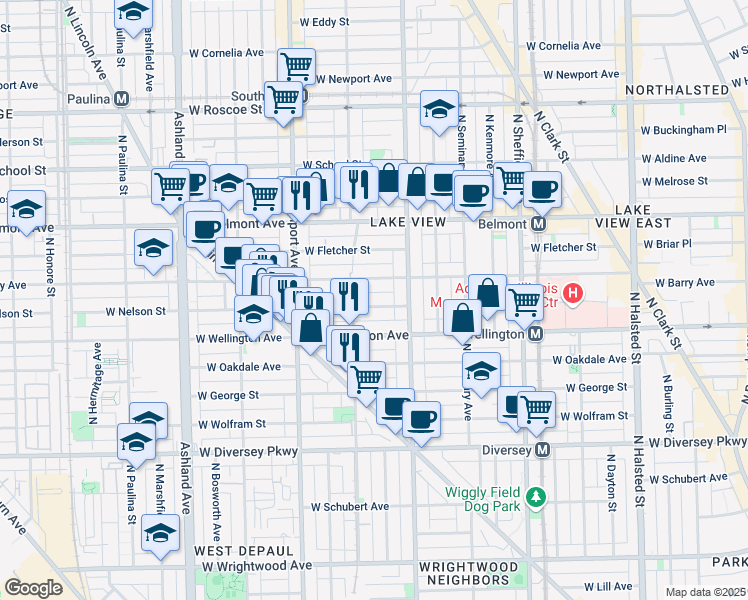 map of restaurants, bars, coffee shops, grocery stores, and more near 1225 West Nelson Street in Chicago