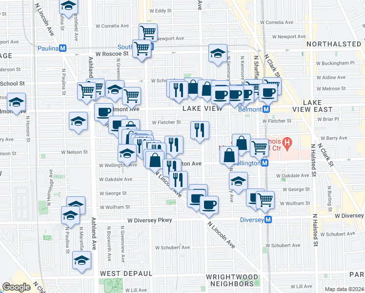 map of restaurants, bars, coffee shops, grocery stores, and more near 1225 West Nelson Street in Chicago