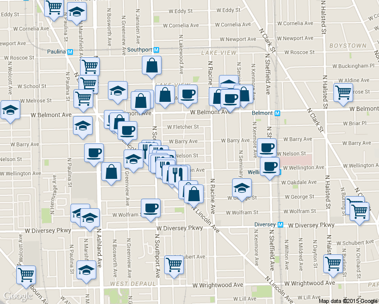 map of restaurants, bars, coffee shops, grocery stores, and more near 1301 West Nelson Street in Chicago