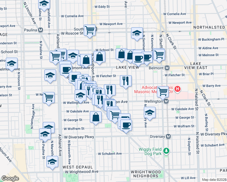 map of restaurants, bars, coffee shops, grocery stores, and more near 1301 West Nelson Street in Chicago