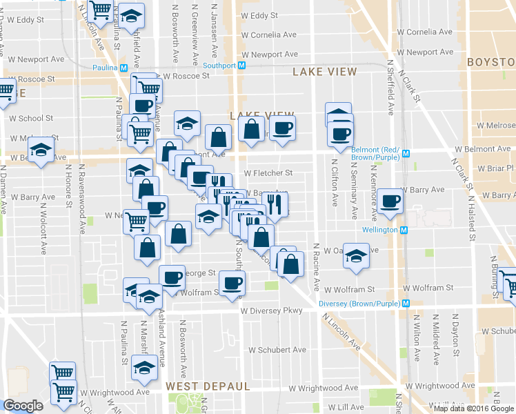 map of restaurants, bars, coffee shops, grocery stores, and more near 1343 West Nelson Street in Chicago