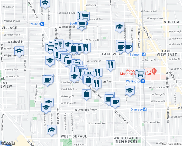 map of restaurants, bars, coffee shops, grocery stores, and more near 1343 West Nelson Street in Chicago