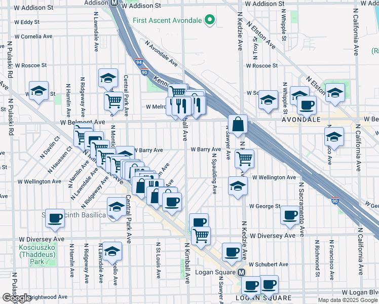 map of restaurants, bars, coffee shops, grocery stores, and more near 3042 North Kimball Avenue in Chicago